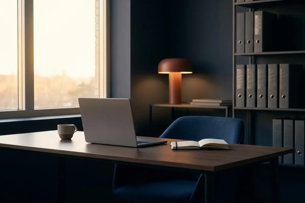 A calm, organised modern agency workspace at dawn