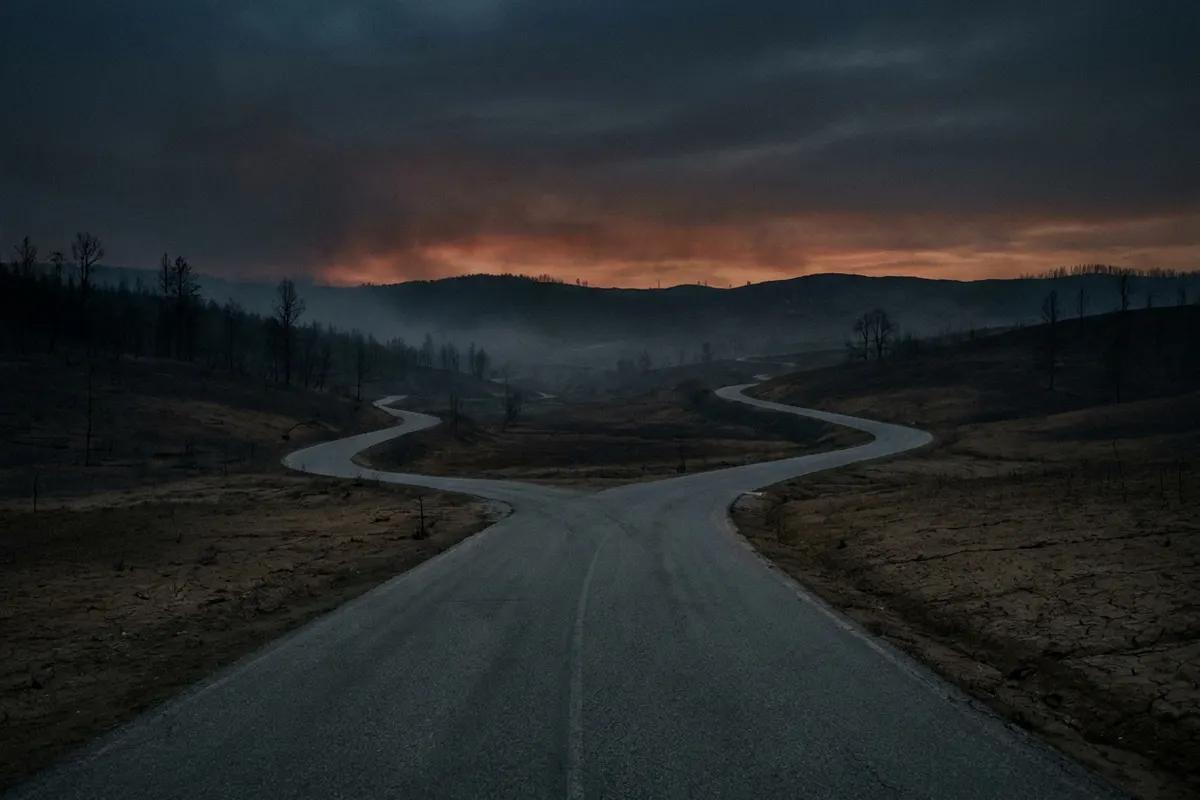 A single road forking into two paths through a moody landscape at dusk