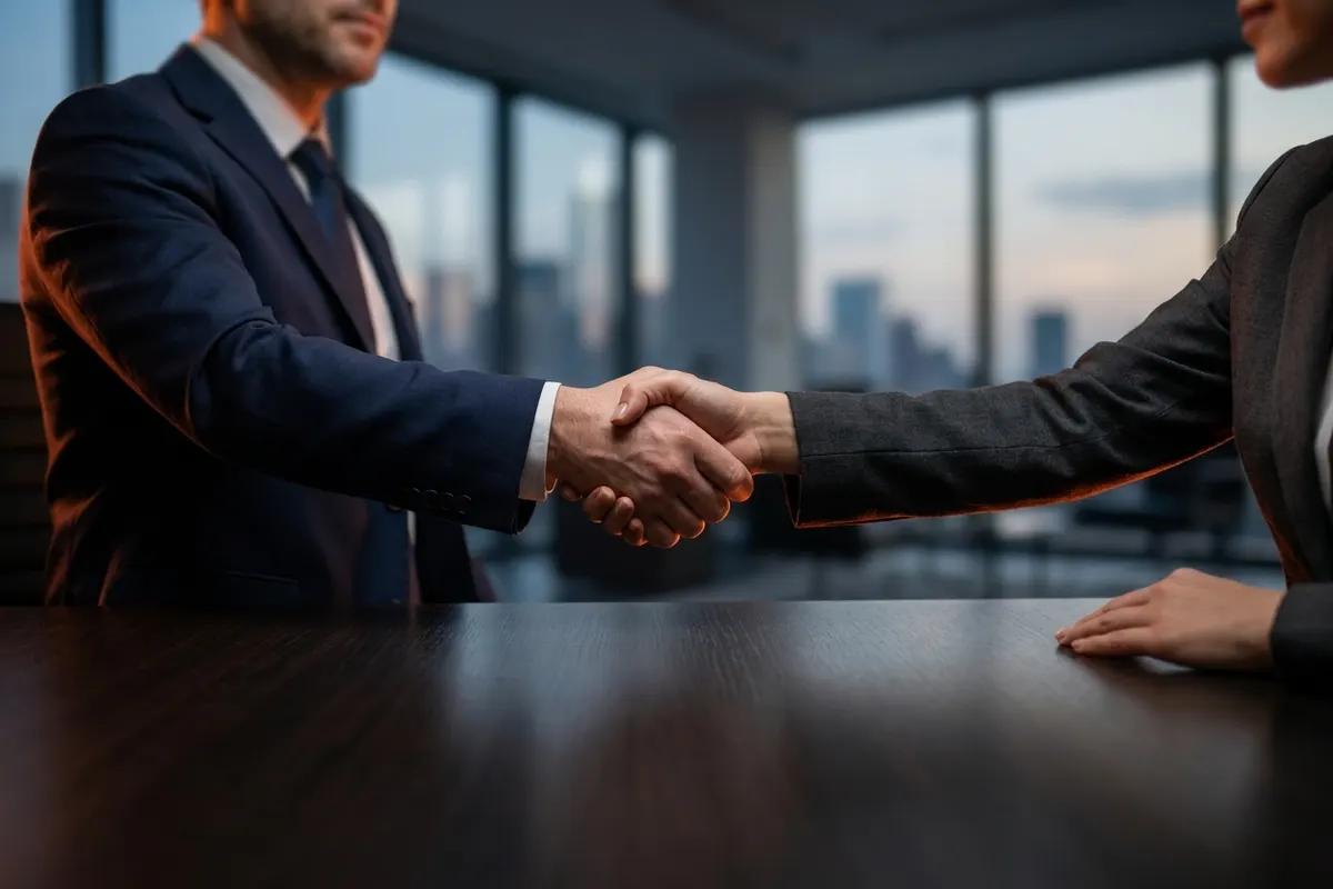 Two professionals shaking hands across a desk in a modern office